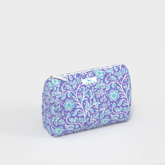 Purple cosmetic bag with floral pattern on a white background