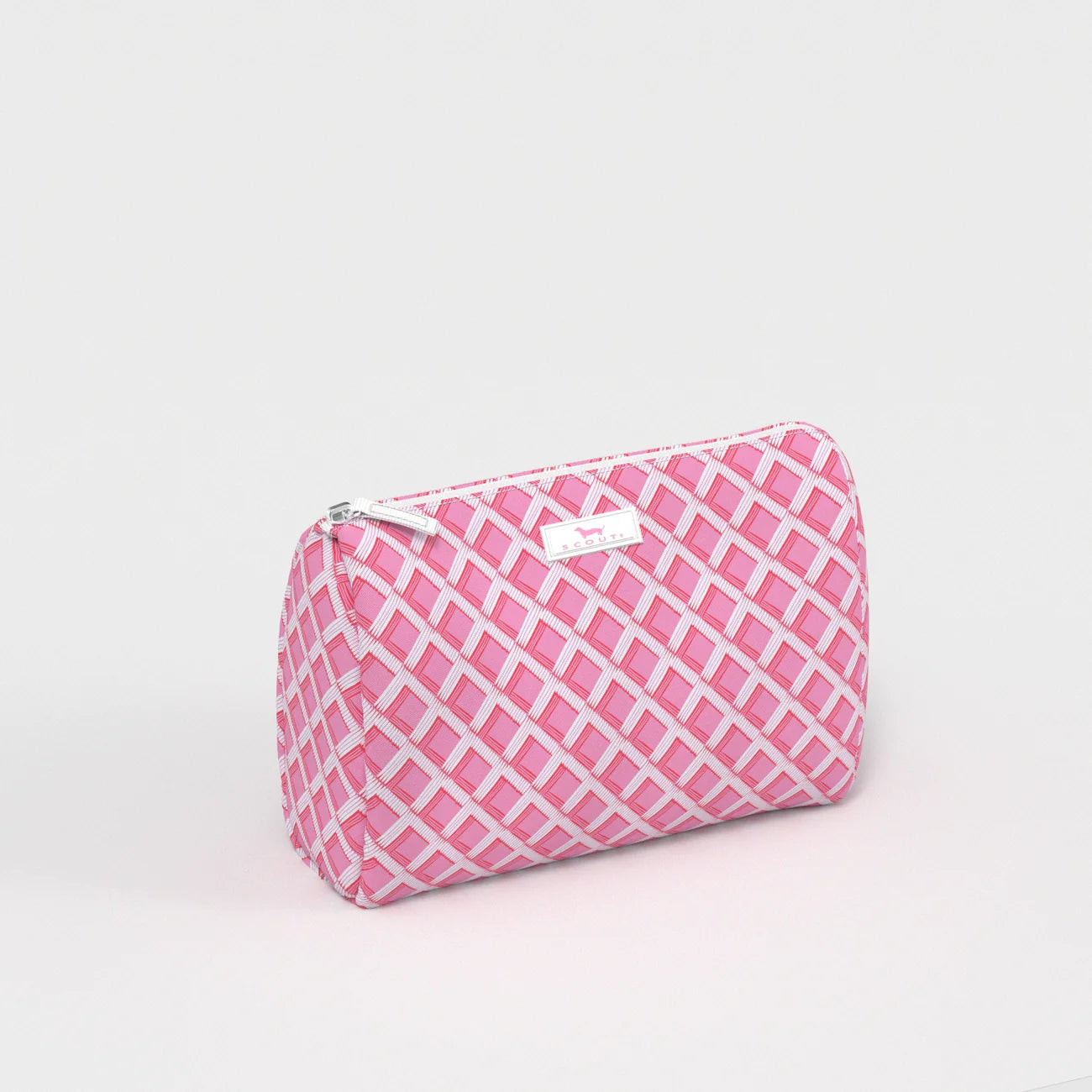 Pink checkered pouch on a light gray background