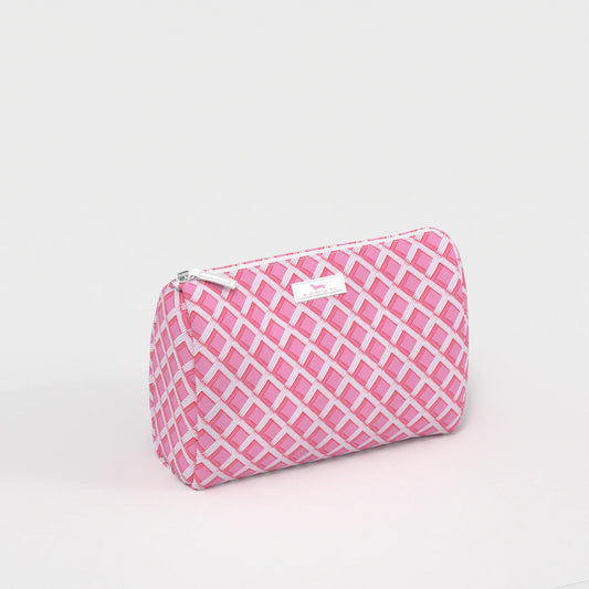 Pink checkered pouch on a light gray background