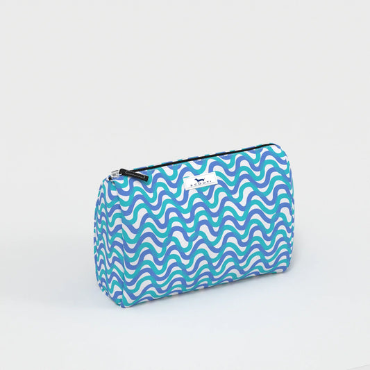 Blue and white wavy patterned pouch on a light gray background