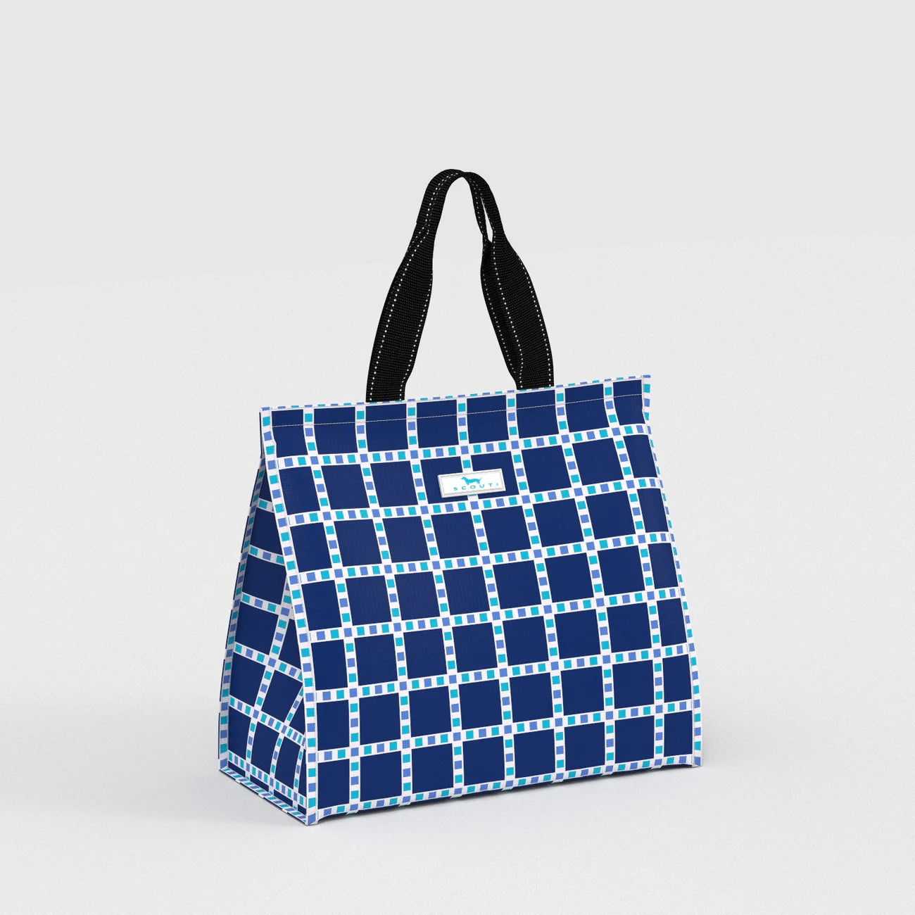 Blue checkered tote bag with black handles on a light gray background