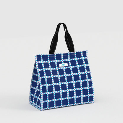 Blue checkered tote bag with black handles on a light gray background