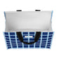 Blue and white checkered bag with a black handle on a white background