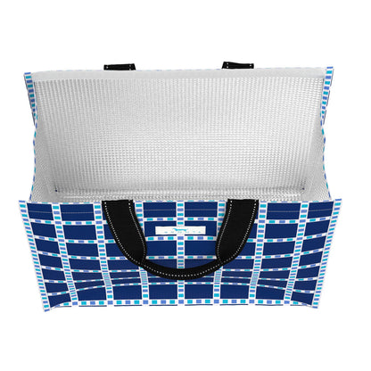 Blue and white checkered bag with a black handle on a white background