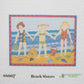 Cross-stitch pattern of three children on a beach with sandcastles and buckets, labeled 'Beach Sisters' by Susan Winget Designs.