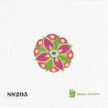 Colorful flower design on a white background with 'SS205' and 'Susan Roberts Needlepoint' branding.