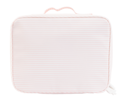 Rectangular pouch with pink stripes pattern on a white background