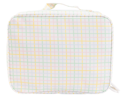 Rectangular pouch with colorful gingham pattern on a white background