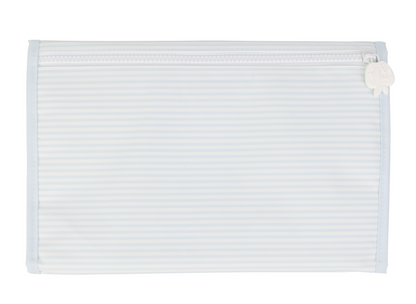 blue and white striped patterned changing pad on a white background