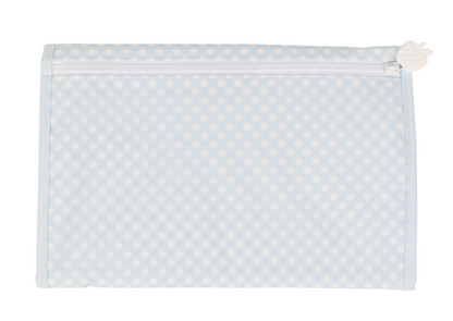 blue and white gingham patterned changing pad on a white background