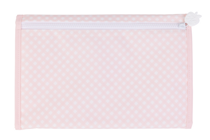pink and white gingham patterned changing pad on a white background