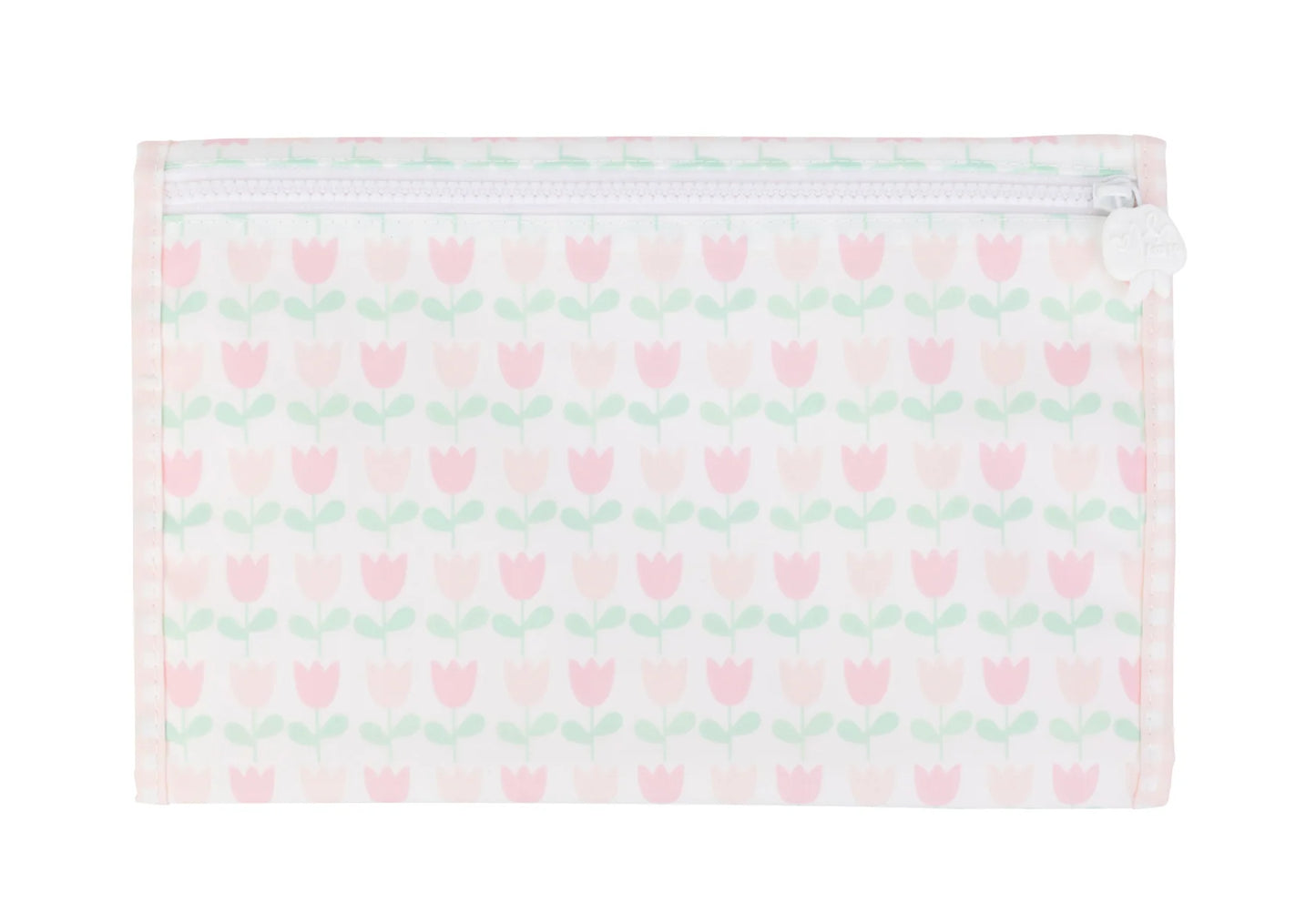 Pouch with pink tulip pattern on a white background