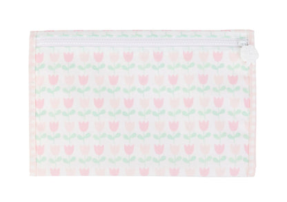 Pouch with pink tulip pattern on a white background