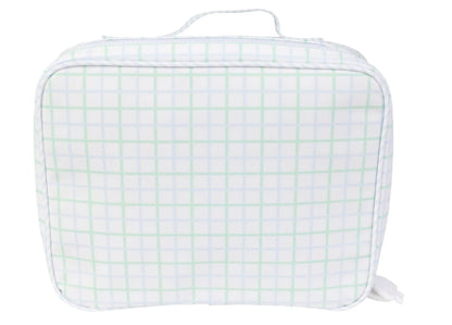 White toiletry bag with green grid pattern on a white background