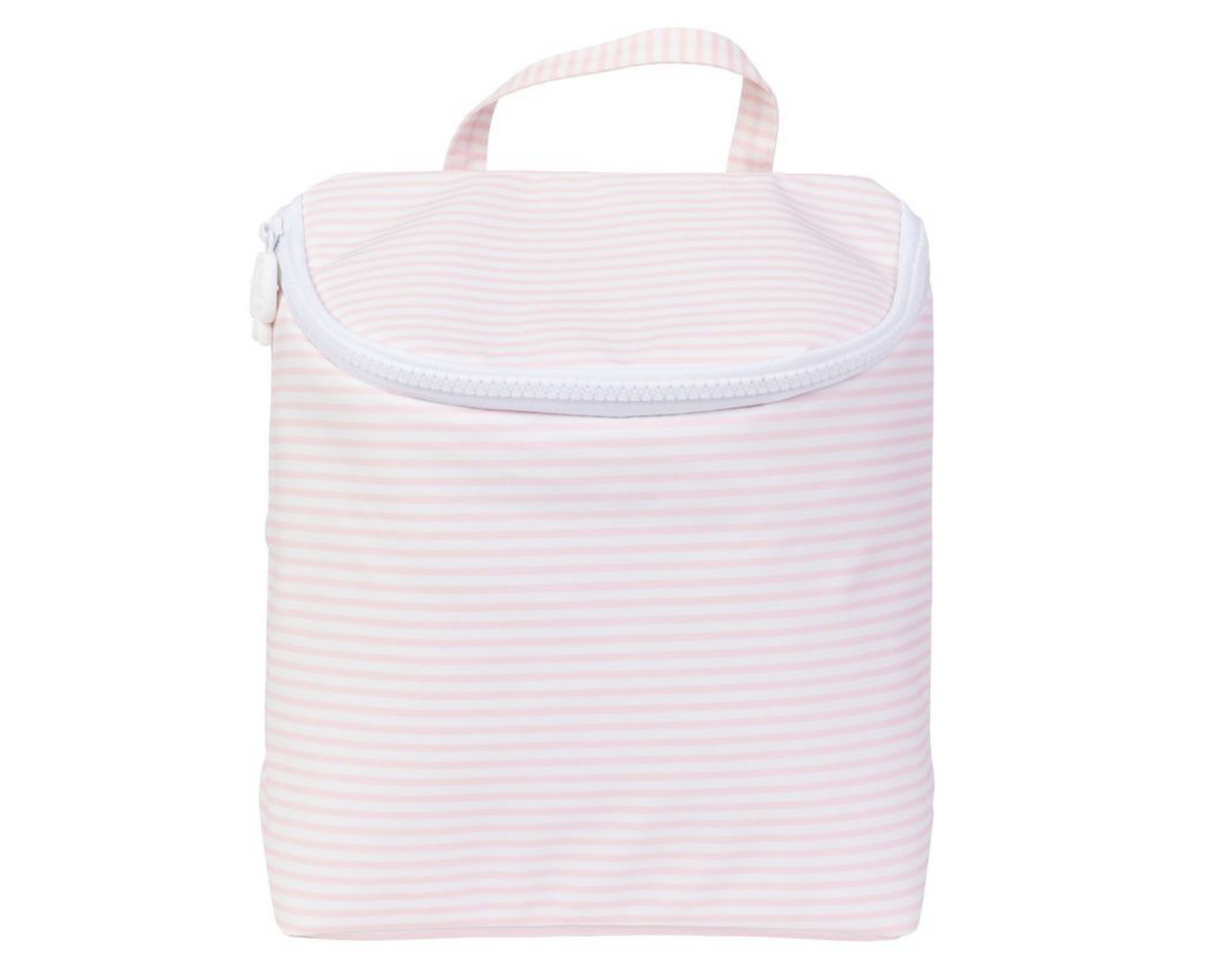 pink and white stripe bottle bag on white background