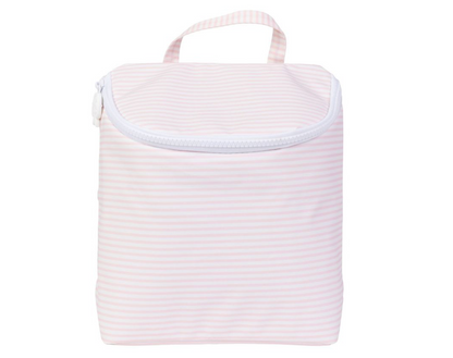 pink and white stripe bottle bag on white background