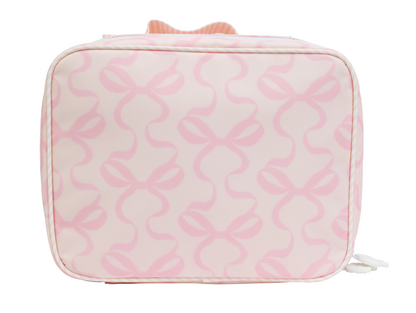 Rectangular pouch with pink bow pattern on a white background