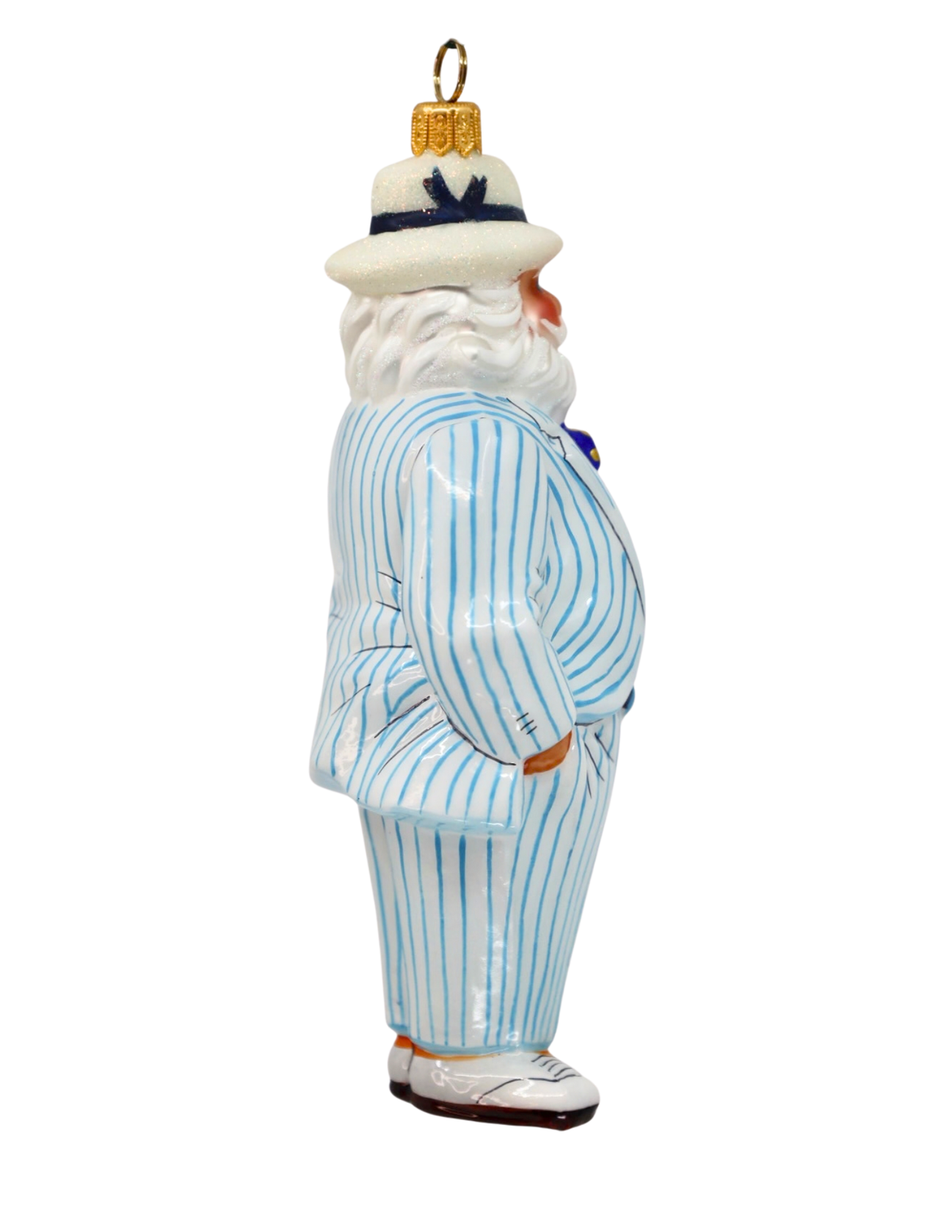 A vintage-style ceramic Christmas ornament depicting a jovial, rotund Santa Claus from the back, wearing a light blue and white pinstripe suit, a cream-colored straw hat with a navy blue band, and white shoes, set against a plain white background.