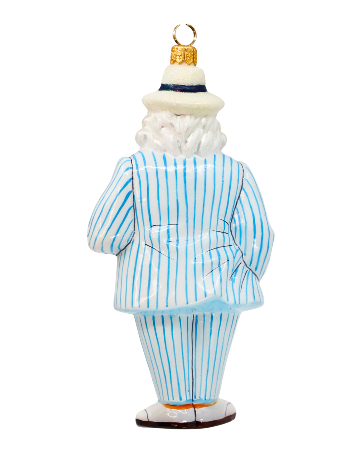 A vintage-style Christmas ornament depicting Santa Claus from the back, wearing a white and light blue pinstripe suit, white hat with a dark blue band, and white beard, shown on a plain white background.