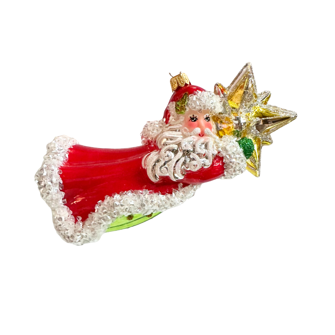 Glass ornament of Santa Claus holding a star on a white background Christopher radko Heartfully Yours The Ornament King 