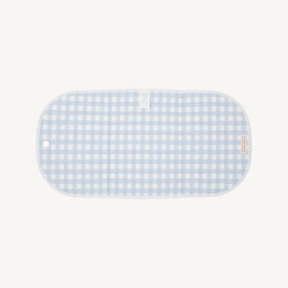 Rectangular blue and white checkered pouch on a light gray background