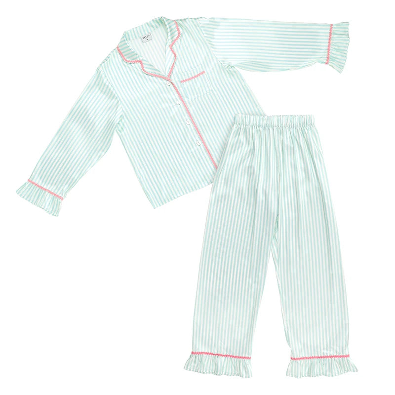A two-piece children's pajama set featuring a long-sleeve button-front top and matching pants, both in a light mint green and white vertical stripe pattern with pink piping and ruffled cuffs/hem.