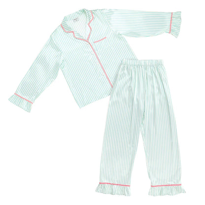 A two-piece children's pajama set featuring a long-sleeve button-front top and matching pants, both in a light mint green and white vertical stripe pattern with pink piping and ruffled cuffs/hem.