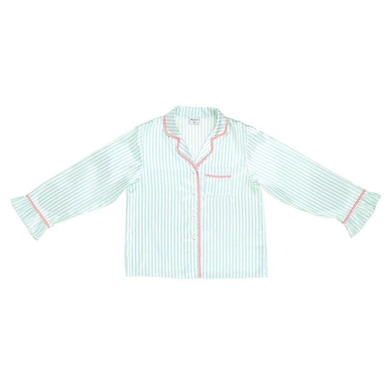 A long-sleeve pajama shirt with light green and white vertical stripes, accented with pink piping along the collar, placket, and cuffs.