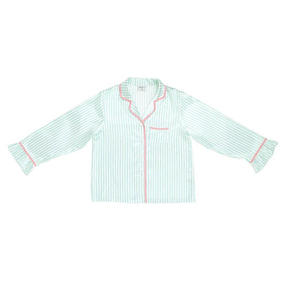 A long-sleeve pajama shirt with light green and white vertical stripes, accented with pink piping along the collar, placket, and cuffs.