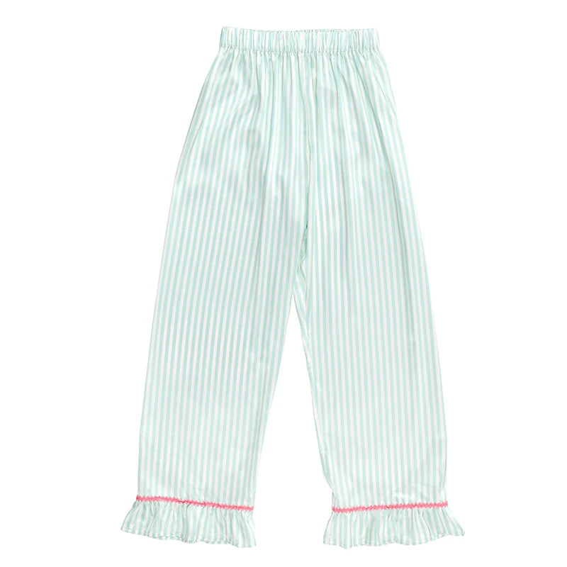 Light green and white striped pajama pants with a ruffled hem and pink trim, shown flat against a white background.
