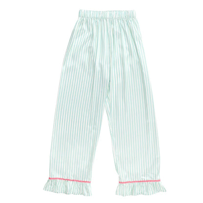 Light green and white striped pajama pants with a ruffled hem and pink trim, shown flat against a white background.