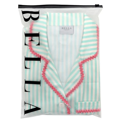 A mint green and white striped pajama shirt with pink ruffled trim, folded and sealed inside a clear plastic bag with the brand name BELLA printed vertically on the side.
