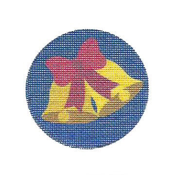 Round fabric patch with a pink and yellow design on a blue background