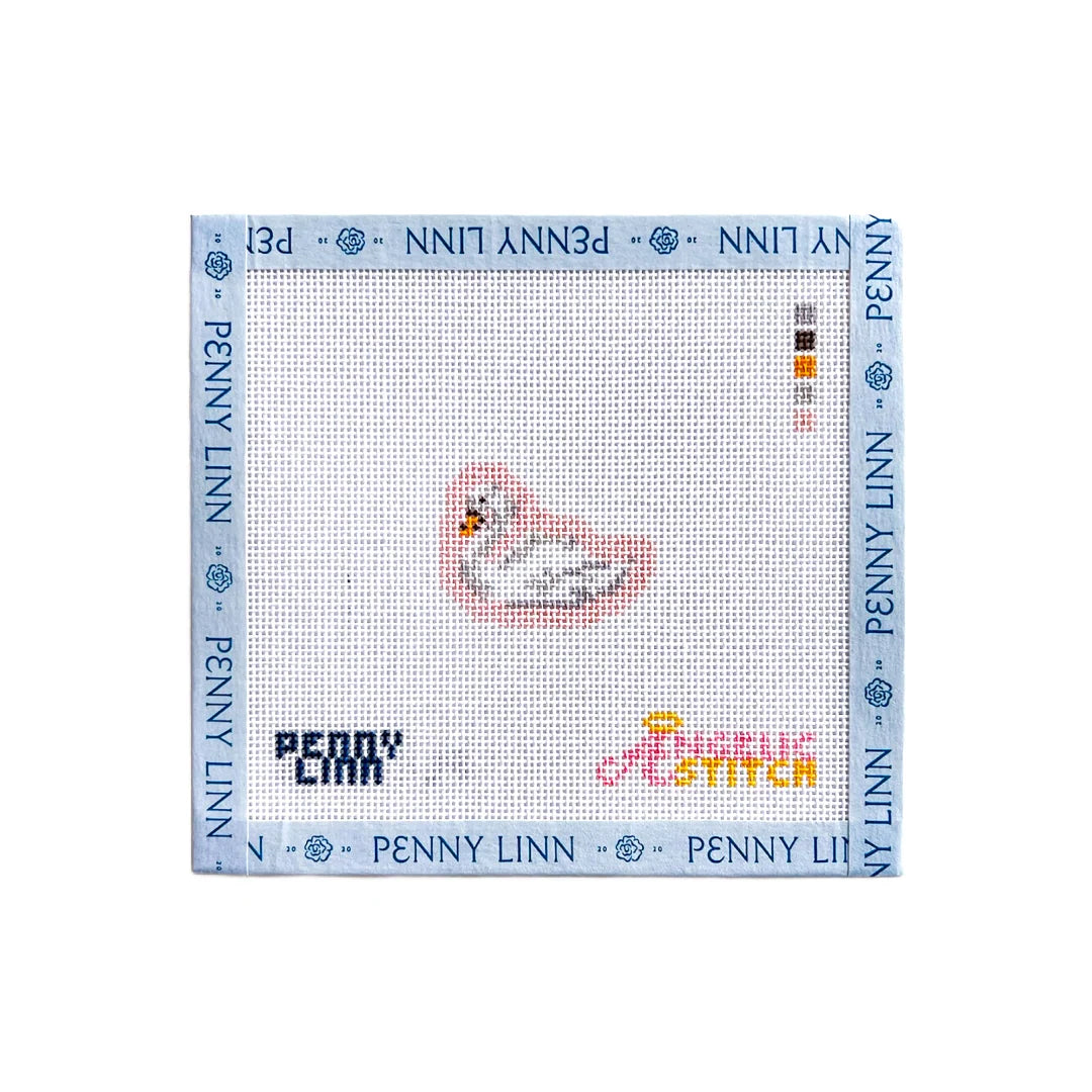 A Penny Linn cross-stitch canvas featuring a small stitched seal design in the center, surrounded by a light blue border printed with the brand name 'PENNY LINN'.