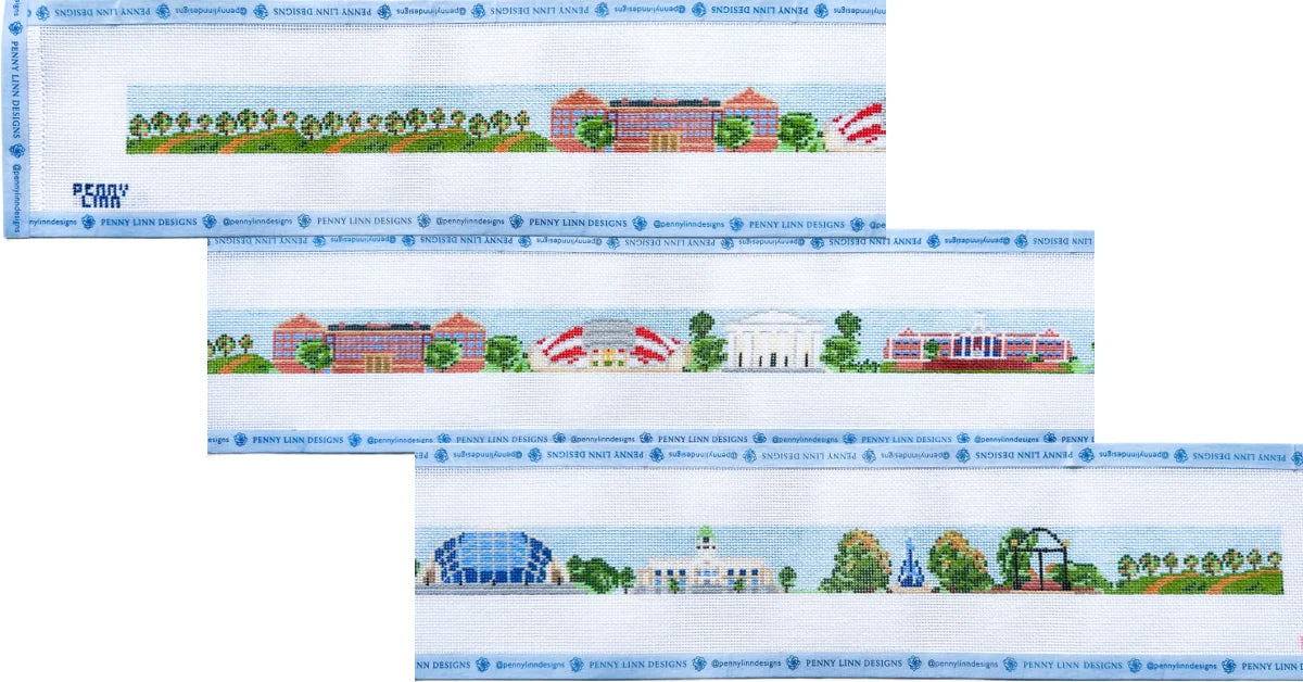 Three horizontal strips of decorative printed material featuring illustrated landmarks and buildings, with the text 'PERRY CITY' and 'PERRY CITY FIELDS' visible, shown on a plain white background.