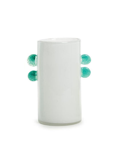 A set of three hand-blown glass vases in different sizes, with a Murano glass style base color and green accents.