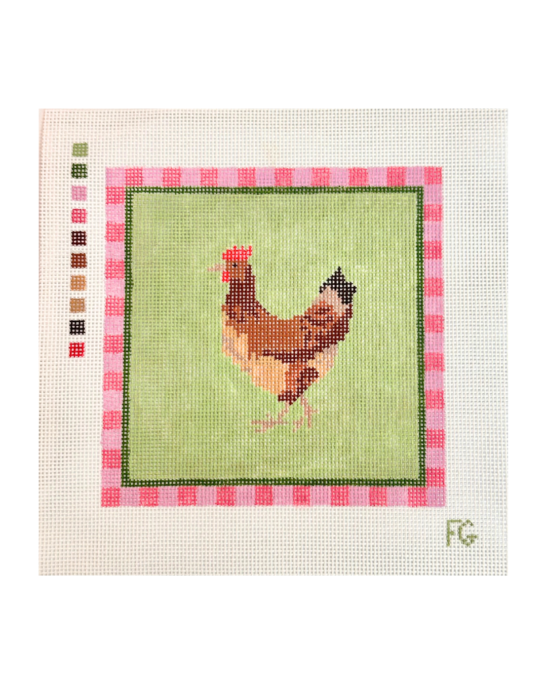 needlepoint canvas with a brown hen design on a green background. with a pink boarder