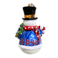 Decorative snowman ornament with a top hat, blue coat, and red scarf on a white background