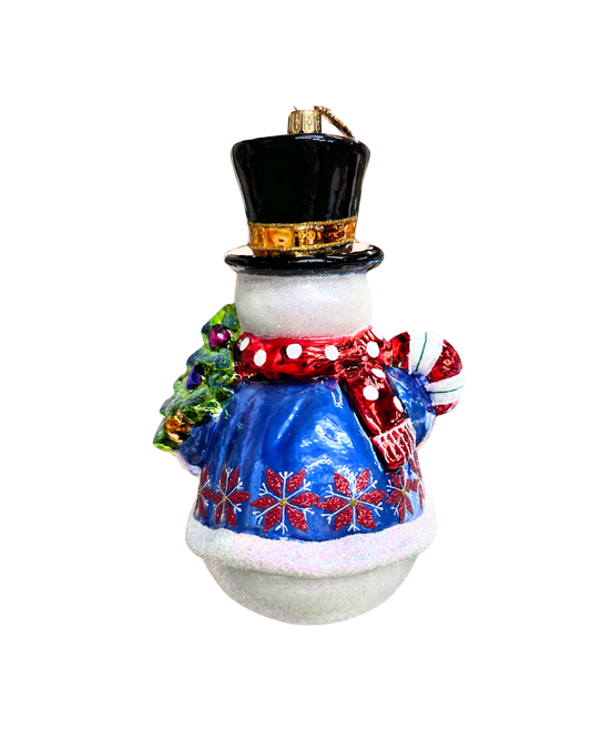 Decorative snowman ornament with a top hat, blue coat, and red scarf on a white background