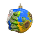 Decorative ornament resembling a globe with greenery and blue sky on a white background