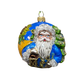 Decorative Christmas ornament of a Santa Claus figure with a blue background.