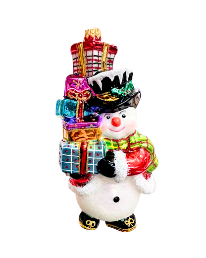 Decorative snowman figurine with colorful presents on a white background