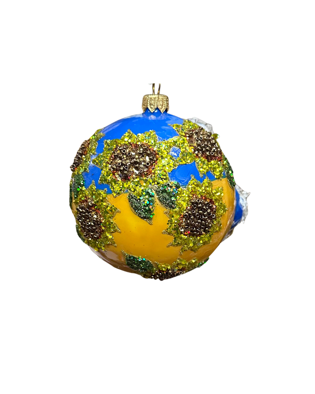 Decorative ornament with blue, yellow, and green colors on a white background
