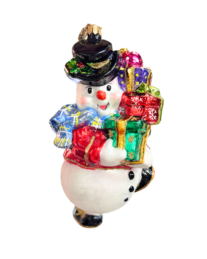 Decorative snowman figurine with colorful gifts on a white background