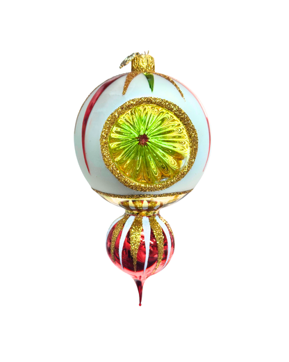 Decorative Christmas ornament with gold, green, and red colors on a white background