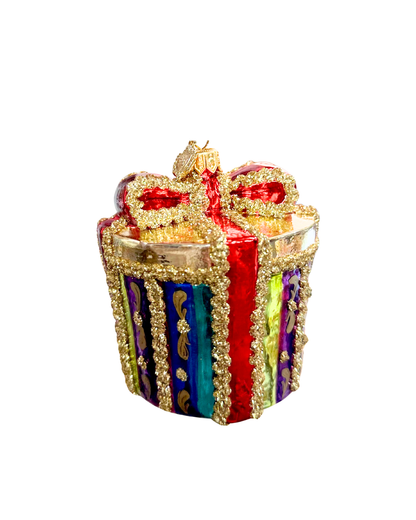 Decorative gift box ornament with colorful design on a white background