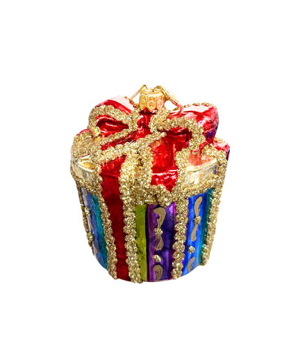 Colorful gift box ornament with a gold bow on a white background