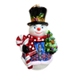 Colorful snowman ornament with a top hat, candy cane, and tree on a white background