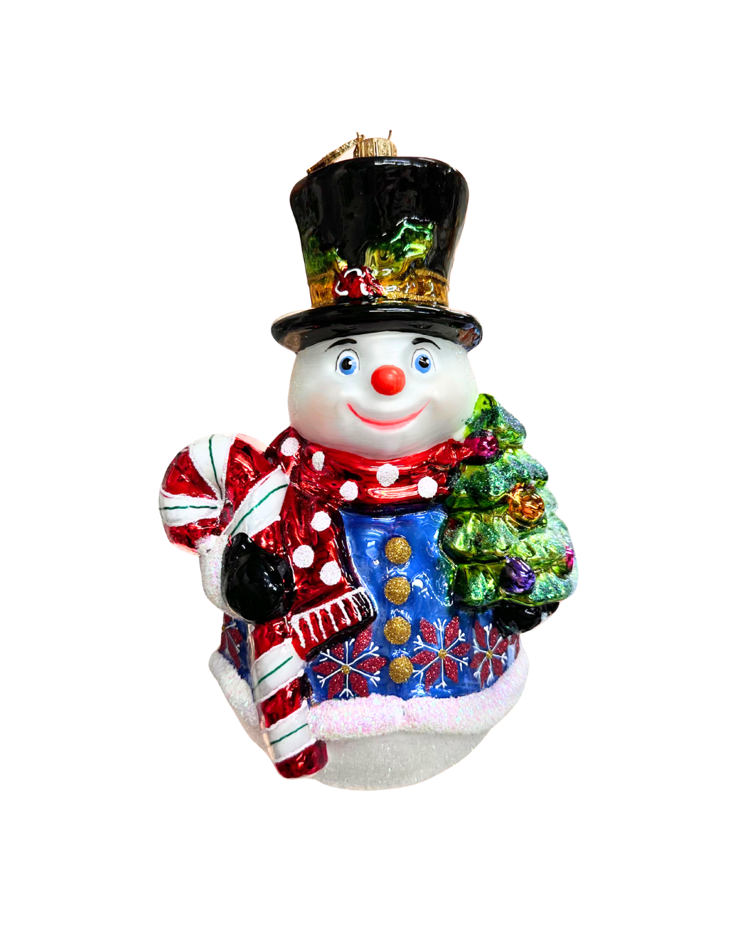 Colorful snowman ornament with a top hat, candy cane, and tree on a white background