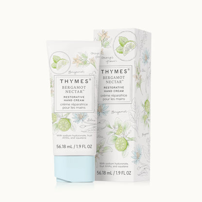 Thymes Bergamot Nectar hand cream with packaging on a white background
